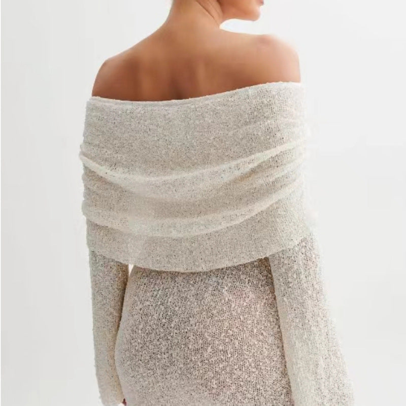 Knitted Off-Shoulder Long Sleeve Mini Dress – Chic Bodycon Fit