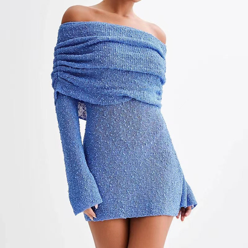 Knitted Off-Shoulder Long Sleeve Mini Dress – Chic Bodycon Fit