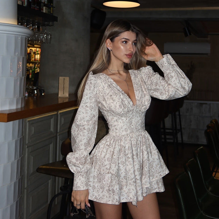 Retro Printed V-Neck Long Sleeve Irregular Hem Dress