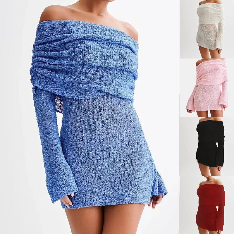 Knitted Off-Shoulder Long Sleeve Mini Dress – Chic Bodycon Fit