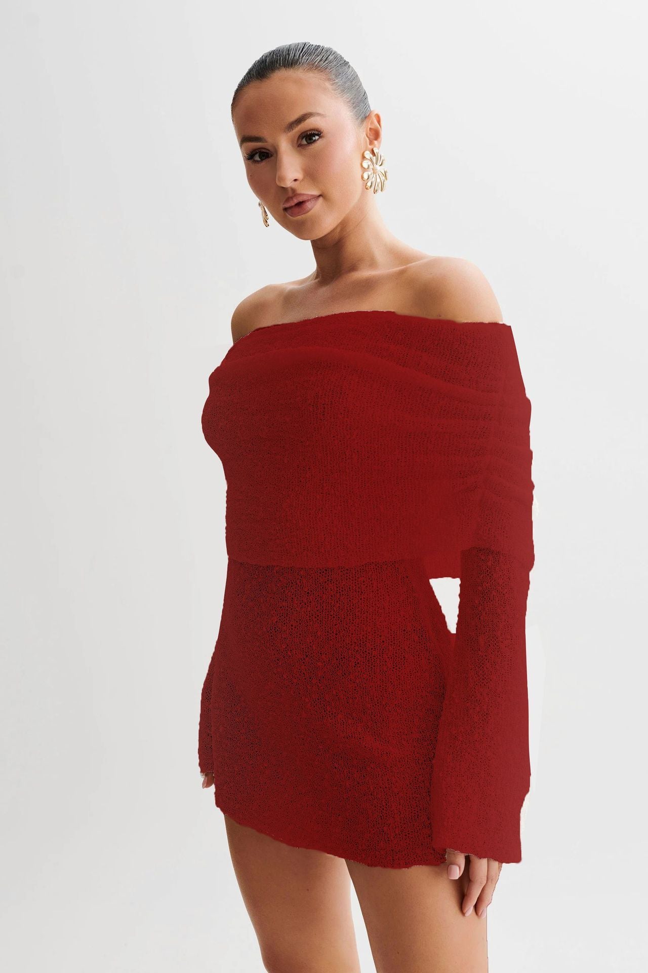 Knitted Off-Shoulder Long Sleeve Mini Dress – Chic Bodycon Fit