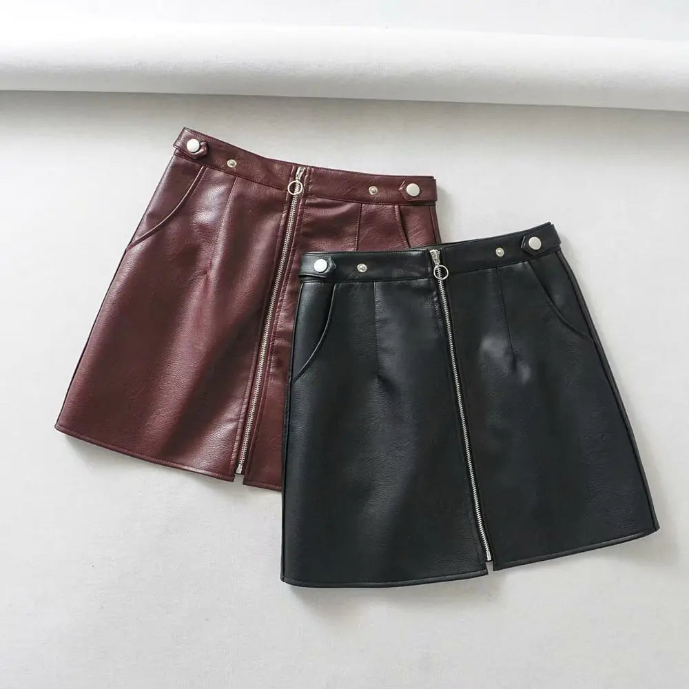 High Waist Zippered PU Leather Mini Skirt – Sleek A-Line Fit