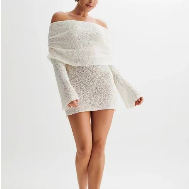 Knitted Off-Shoulder Long Sleeve Mini Dress – Chic Bodycon Fit